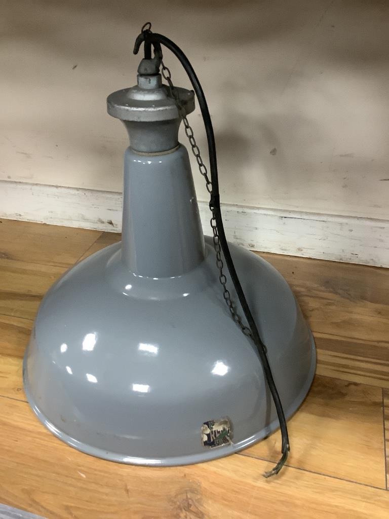 A vintage industrial style grey enamel ceiling shade, height 40cm